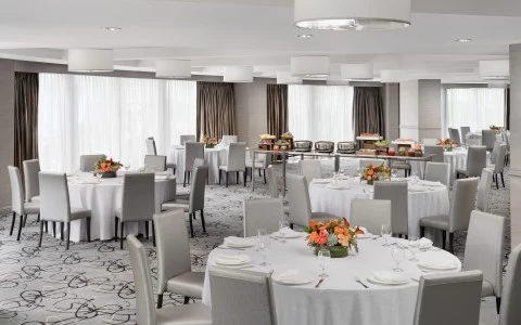 a room with tables and chairs