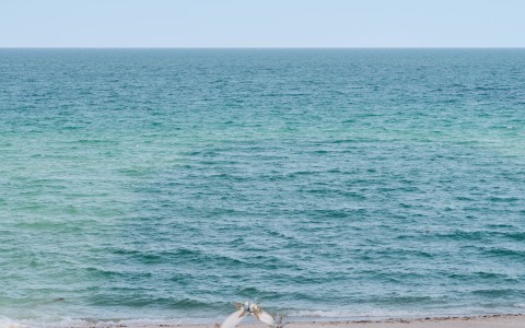 a beach with chairs and a couple of people on it