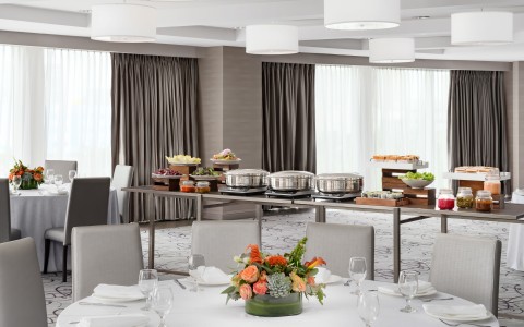 a buffet table with food on it