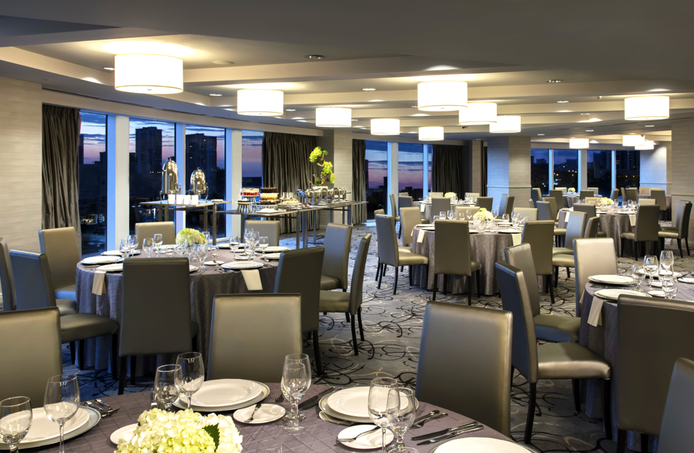 a room with tables and chairs