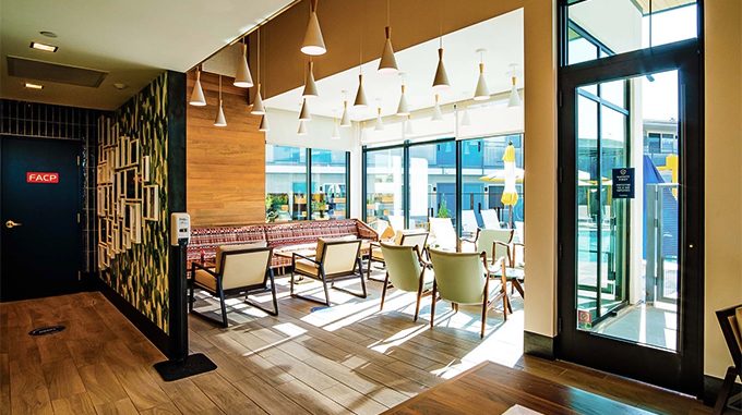 a room with chairs and tables