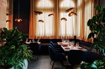 a room with tables and plants