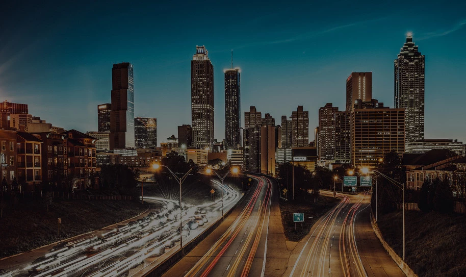 View of busy highways leading into downtown Atlanta at night