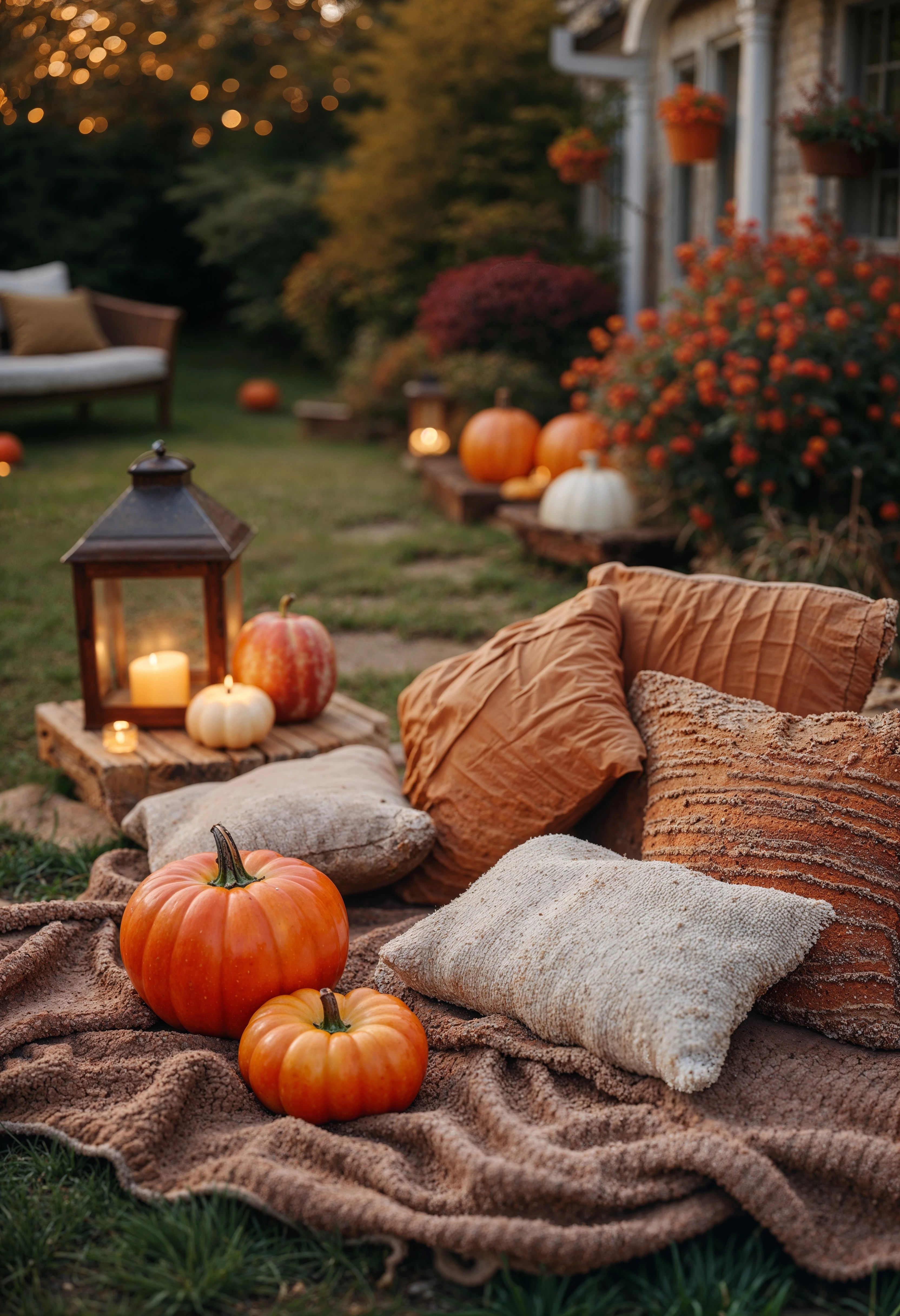 Fall outdoor scene with pumpkins, cushions, blanket, and candle lantern in a backyard garden
