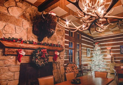 a room with a fireplace and a christmas tree