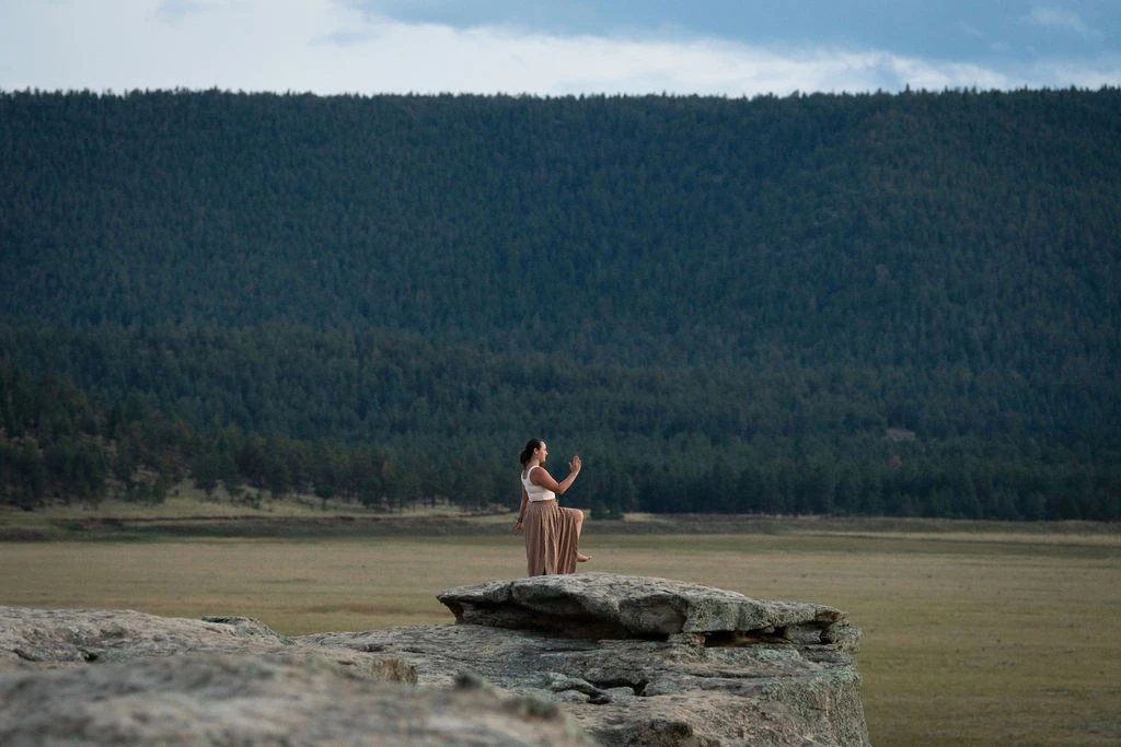 a woman standing on a rock with a large field and trees in the background