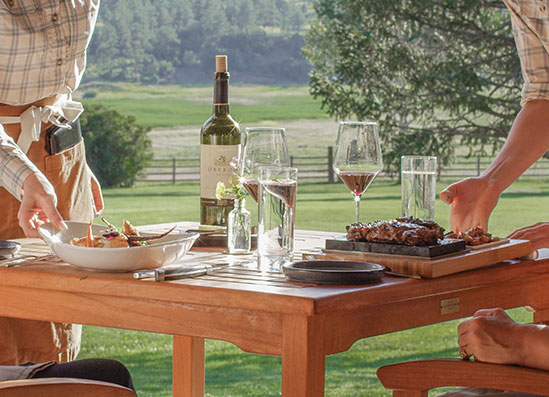a group of people eating outside