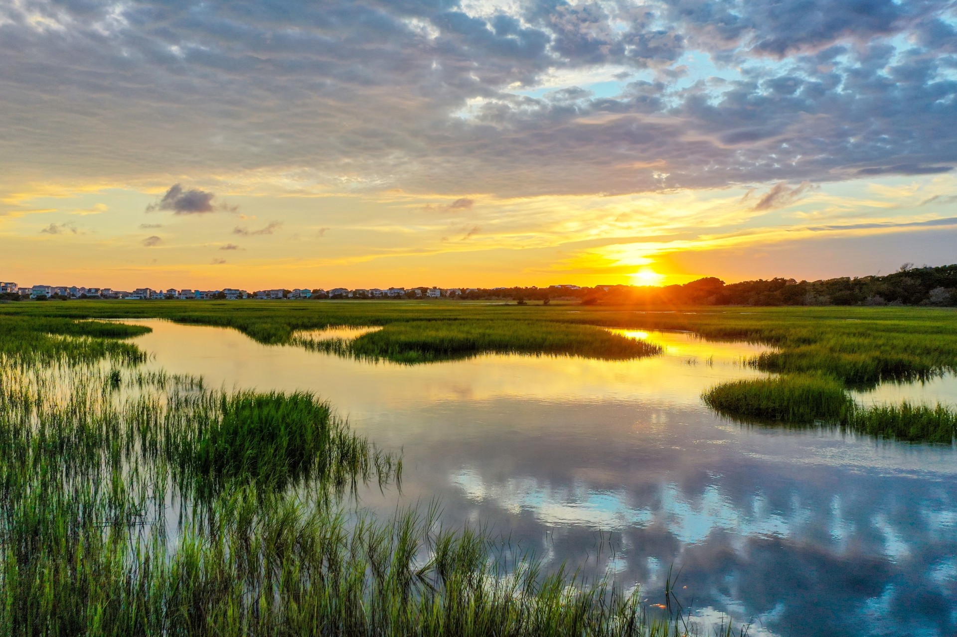 a sunset over a marshy area