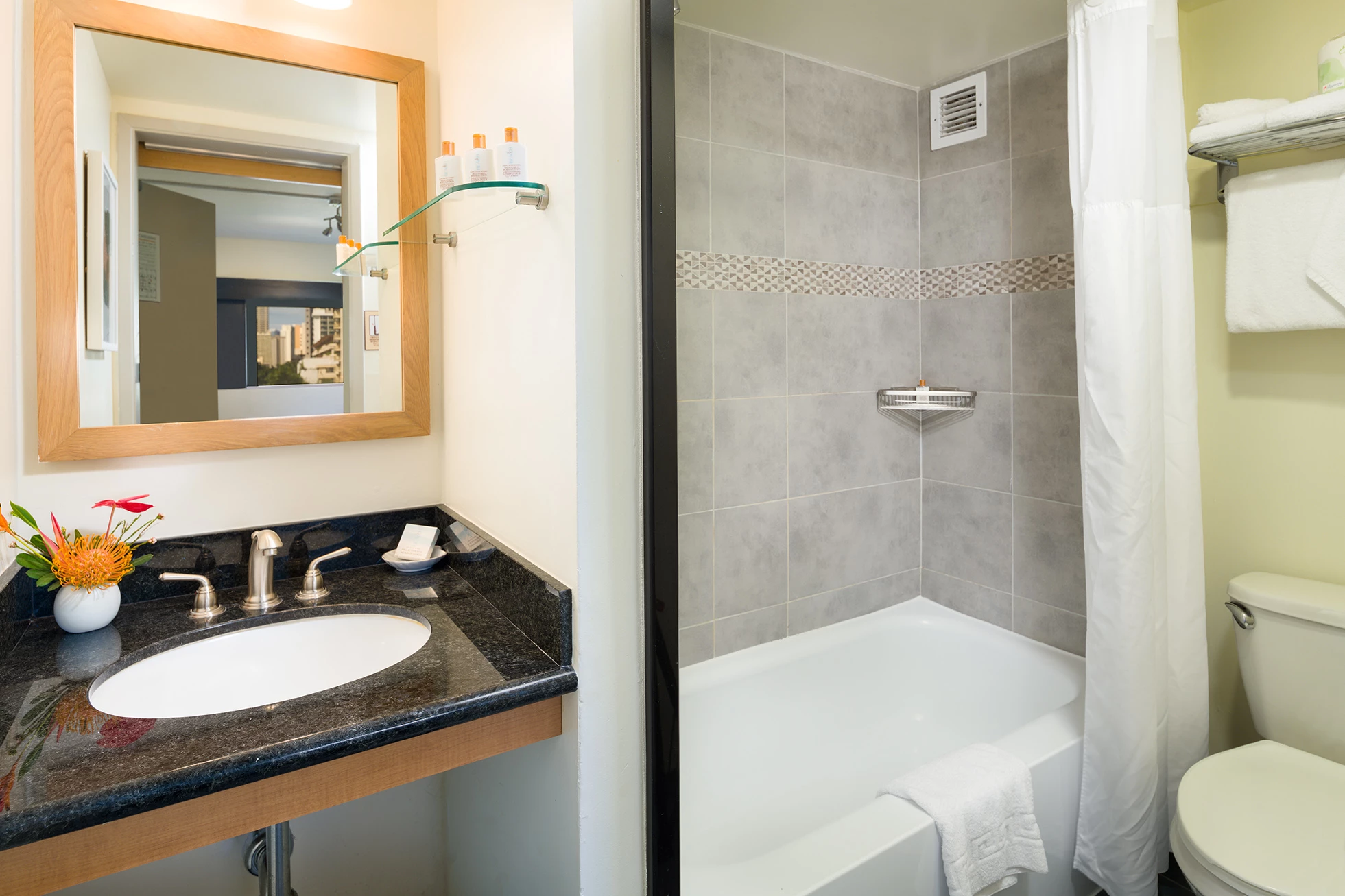 a clean bathroom with a shower, bathtub, toilet, vanity, and mirror