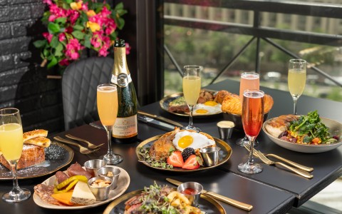 a table with food and drinks on it