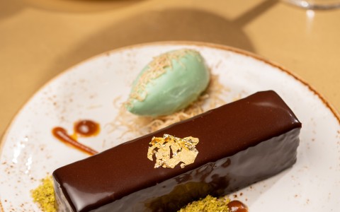 a plate of dessert on a table
