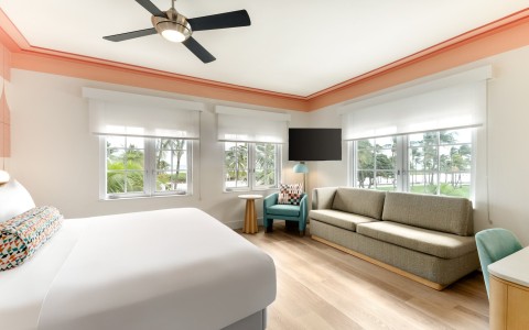 a room with a bed and couch