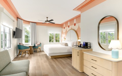 a room with a bed and a mirror