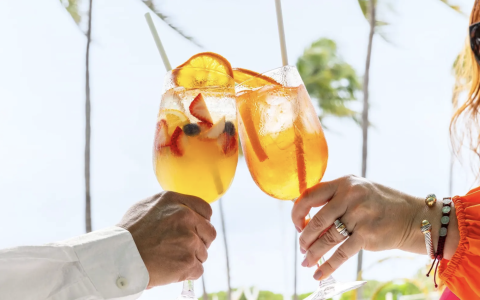 a pair of hands clinking glasses with fruit