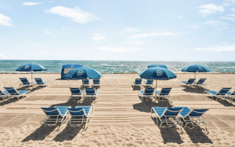 a beach with chairs and umbrellas
