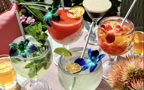 a group of drinks with flowers and leaves