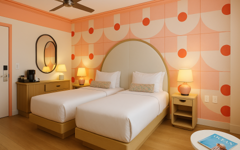 a room with two beds and a fan