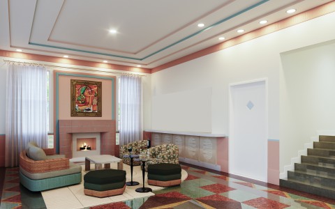 a room with a fireplace and chairs