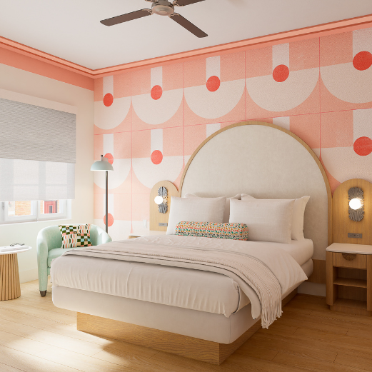 a room with a bed and a fan