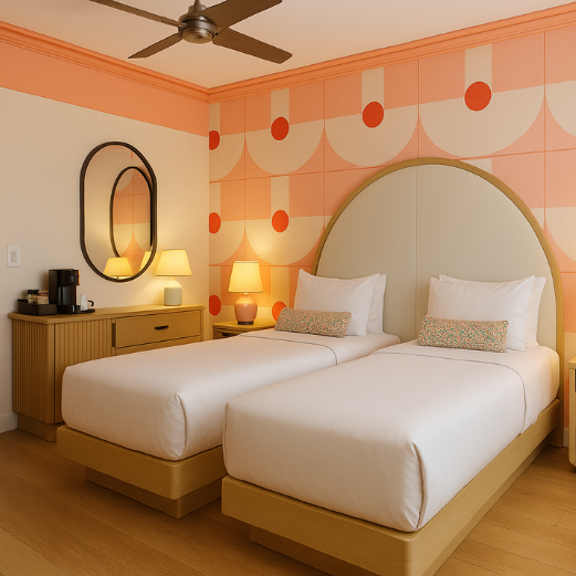 a room with two beds and a fan