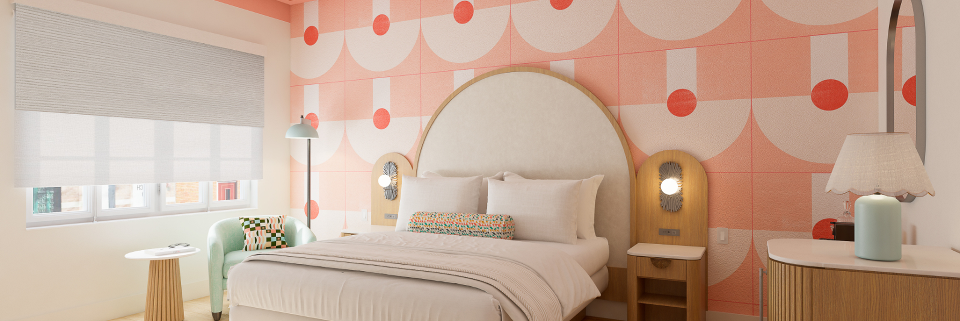 a bed with a round headboard