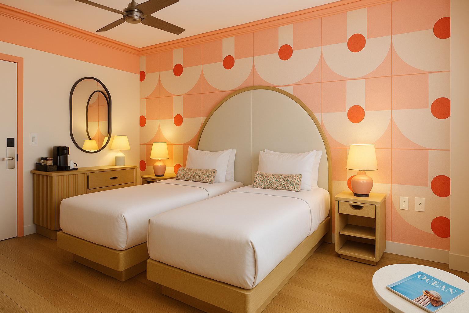 a room with two beds and a fan