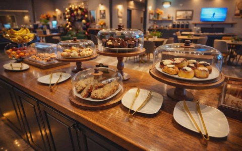 a table with plates of pastries and desserts