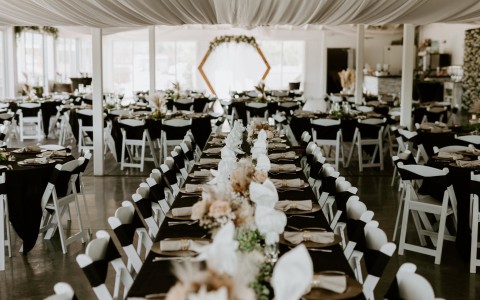 a large room with tables and chairs