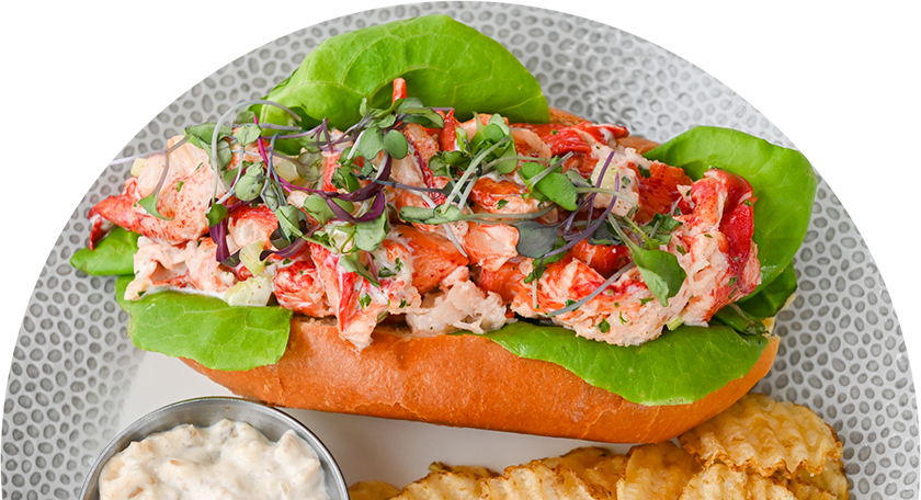 a lobster roll with lettuce and sauce on a plate
