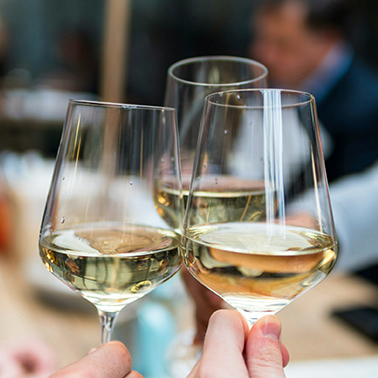 a group of people holding wine glasses