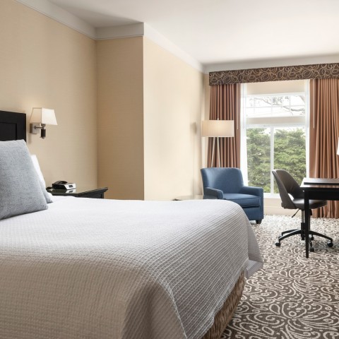 a room with a bed and a desk