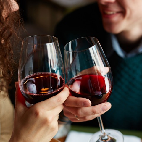 a man and woman holding wine glasses