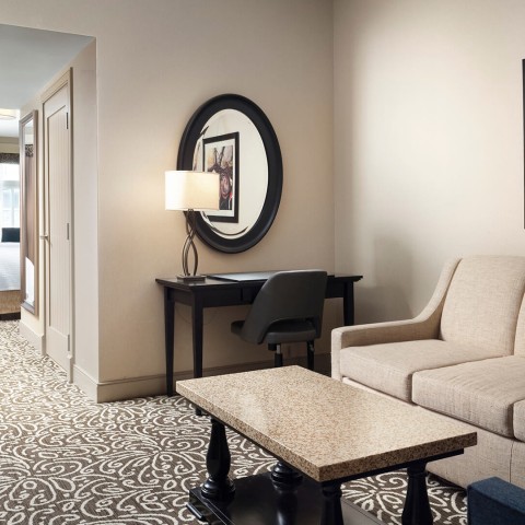 a room with a couch and a table