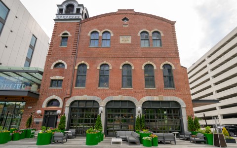 a brick building with a large window