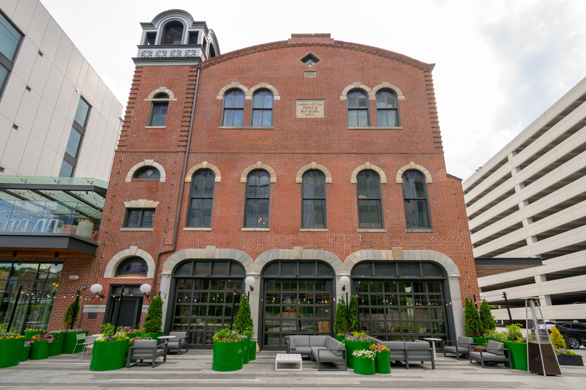 a brick building with a large window
