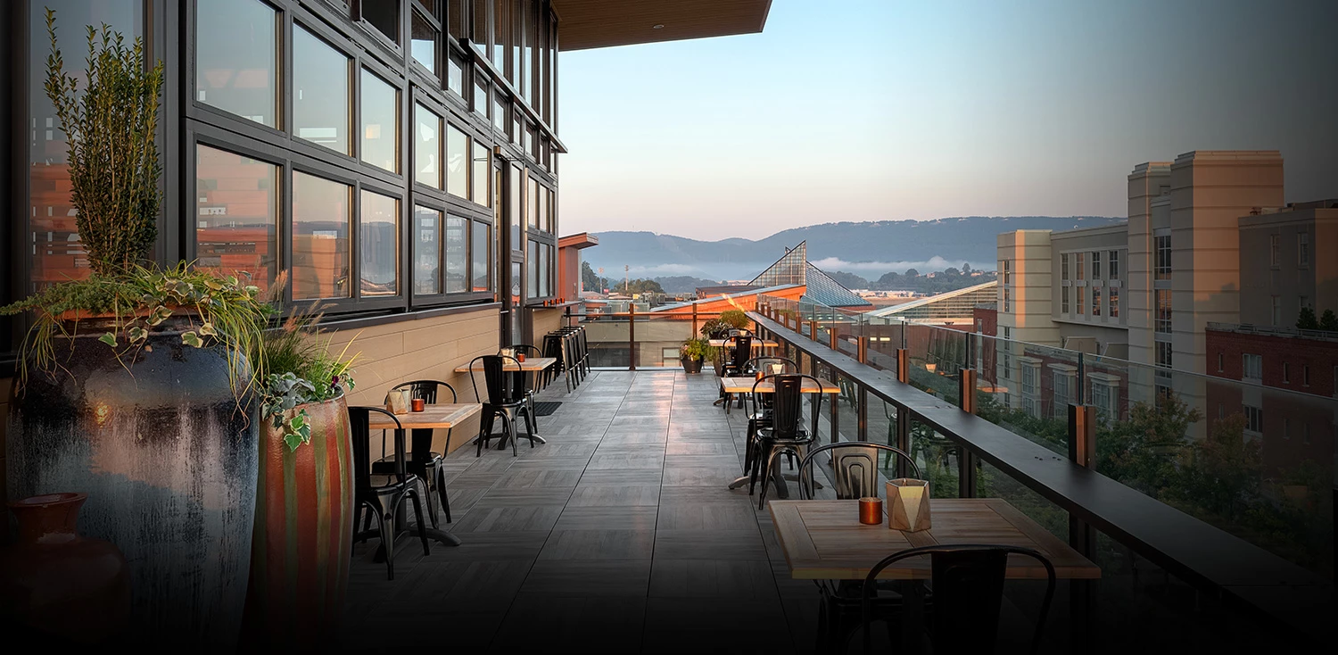 outside seating area while sun sets