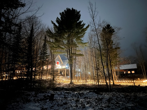 a house with lights in the woods