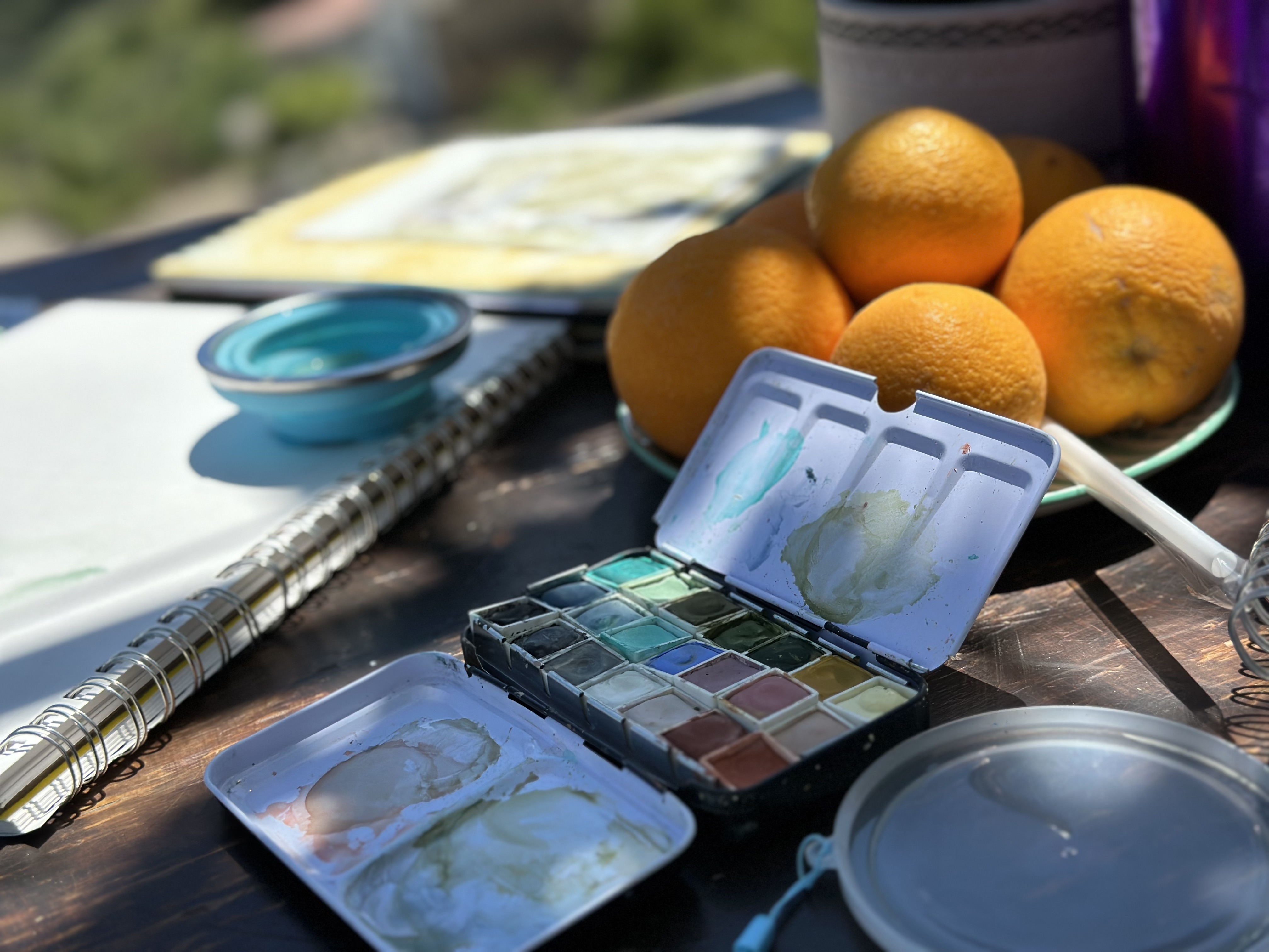 a group of oranges next to a paint box