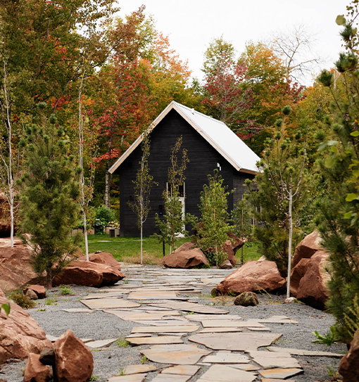 a stone path in a garden with trees and a house