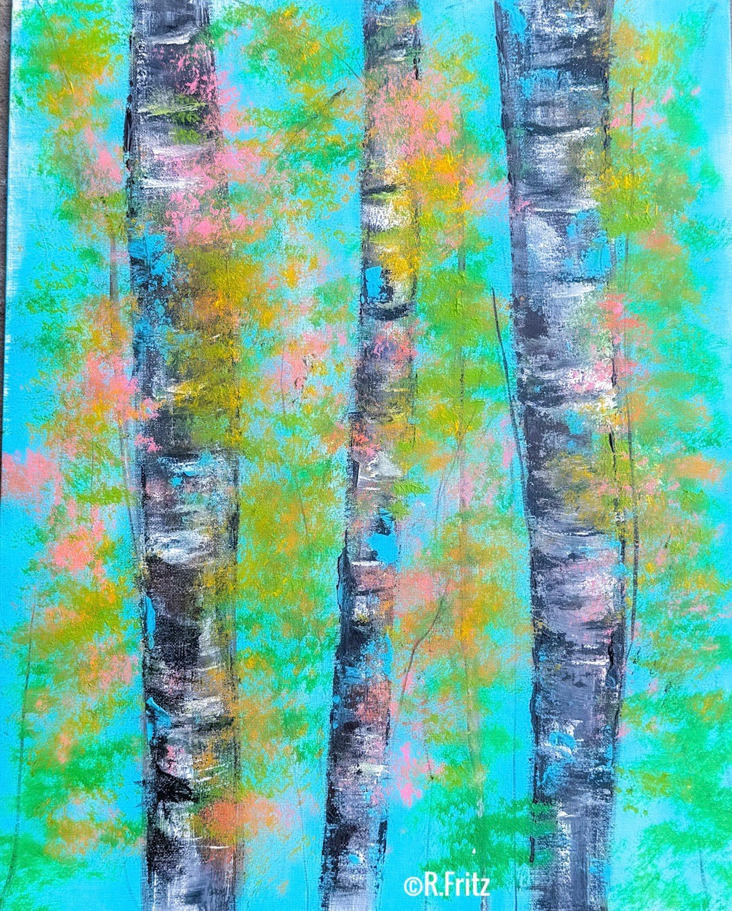 a painting of trees on a blue background
