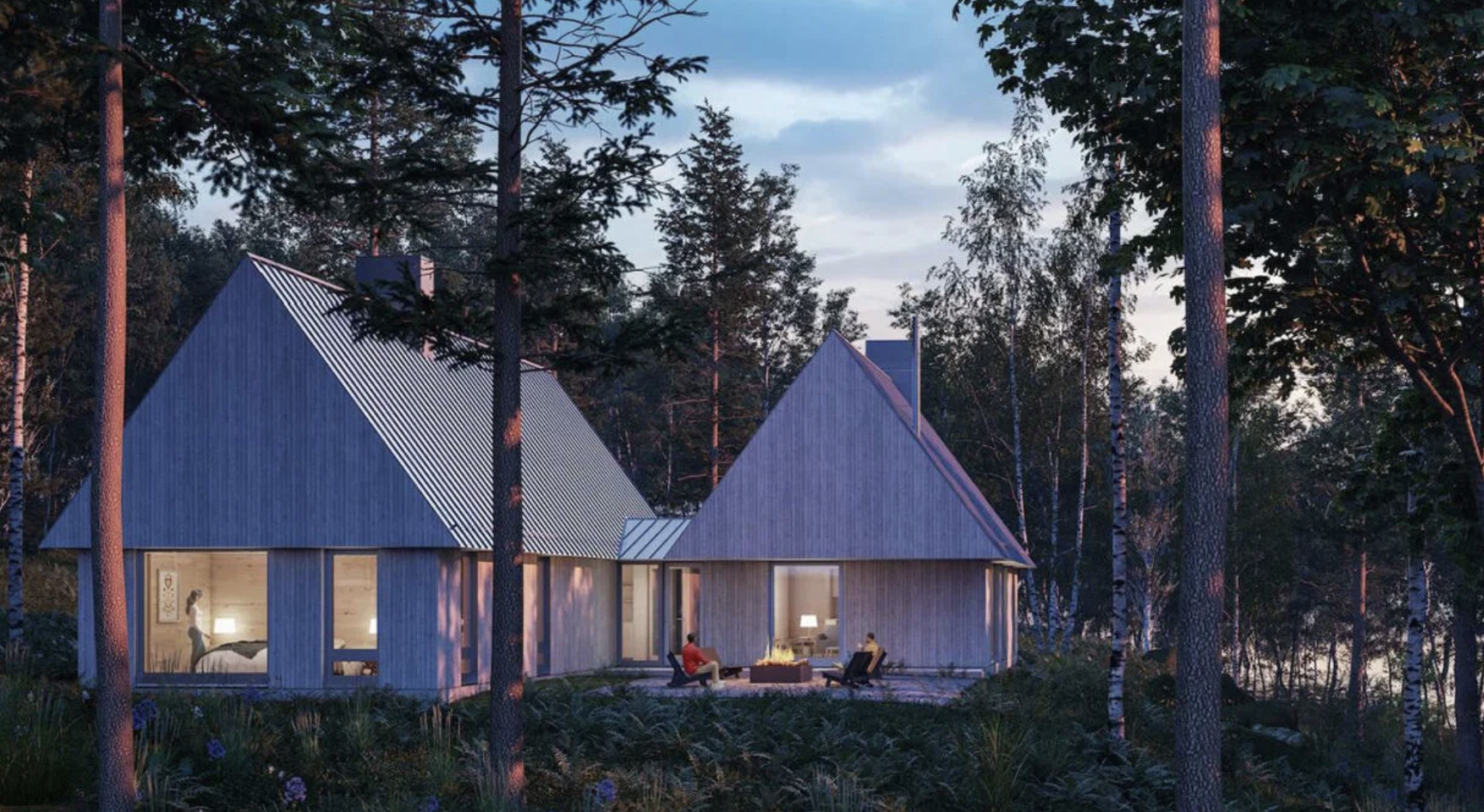 a house with a fire pit in the woods