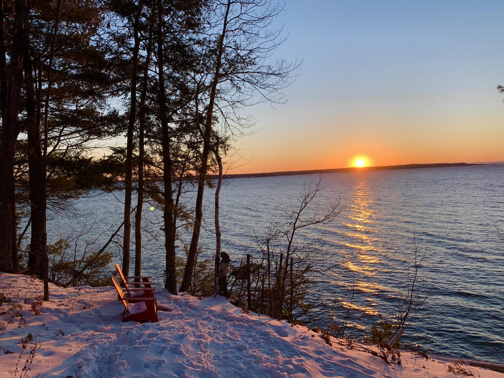 a snow covered bench overlooking a body of water