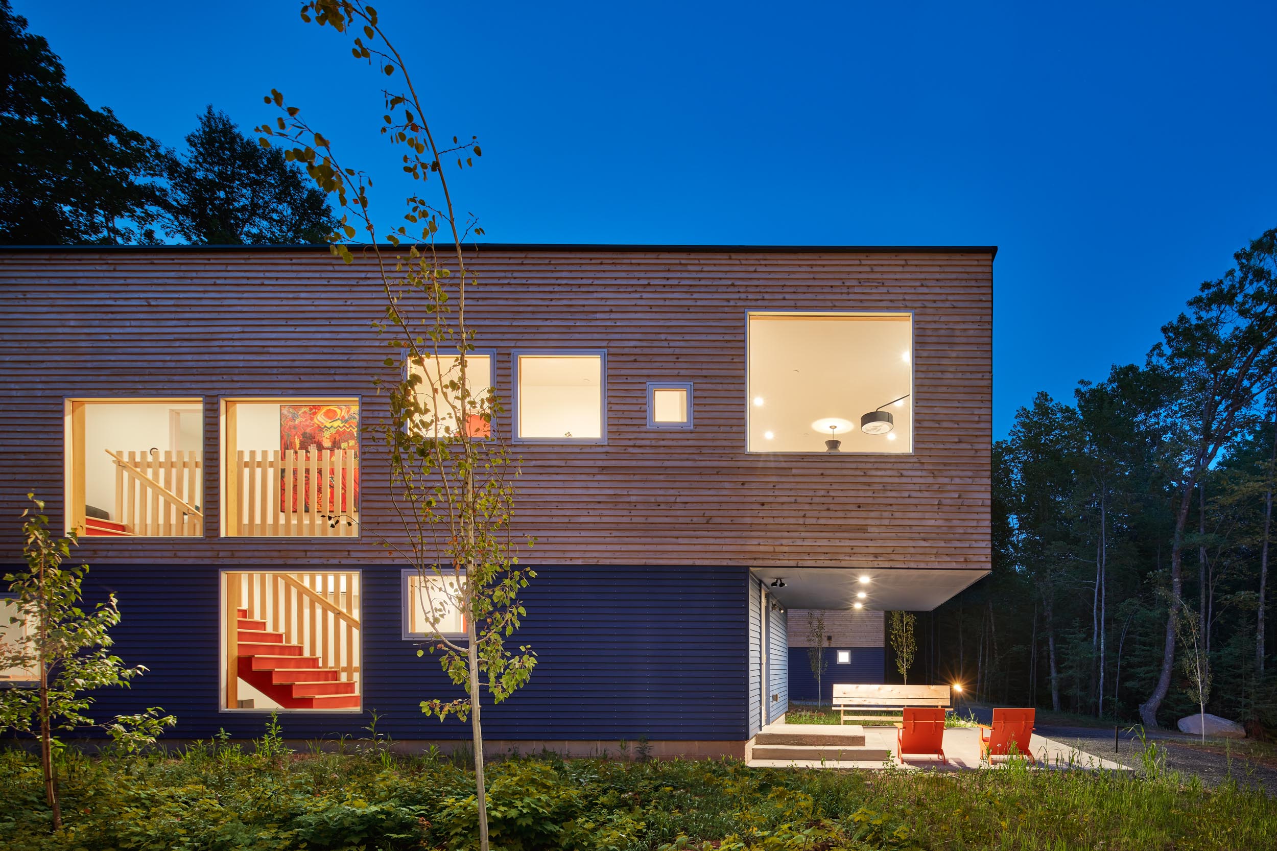 a house with a blue and red exterior