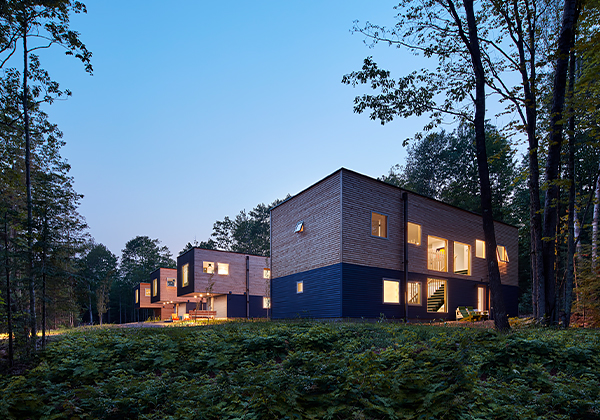 General view of a some cabins in the middle of the wood at night