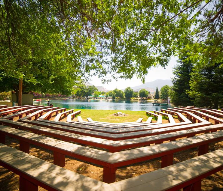 a pool with benches around it