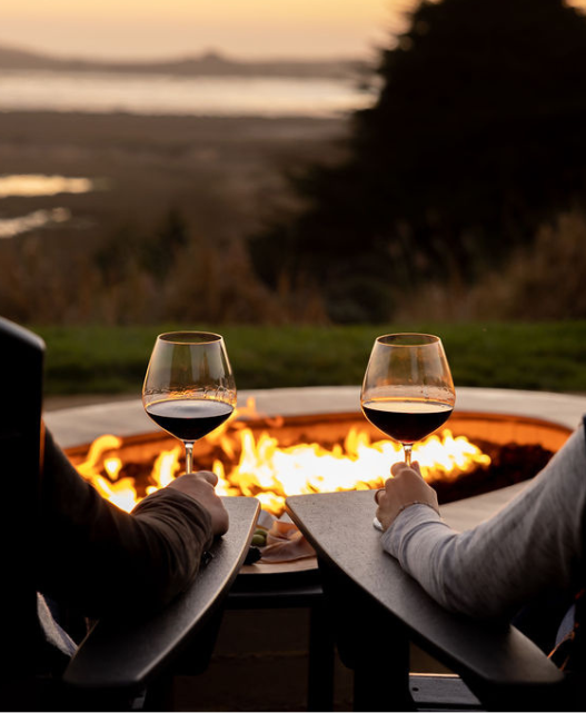 a couple of people holding wine glasses by a fire pit