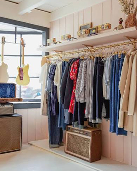 clothes on a rack in a room