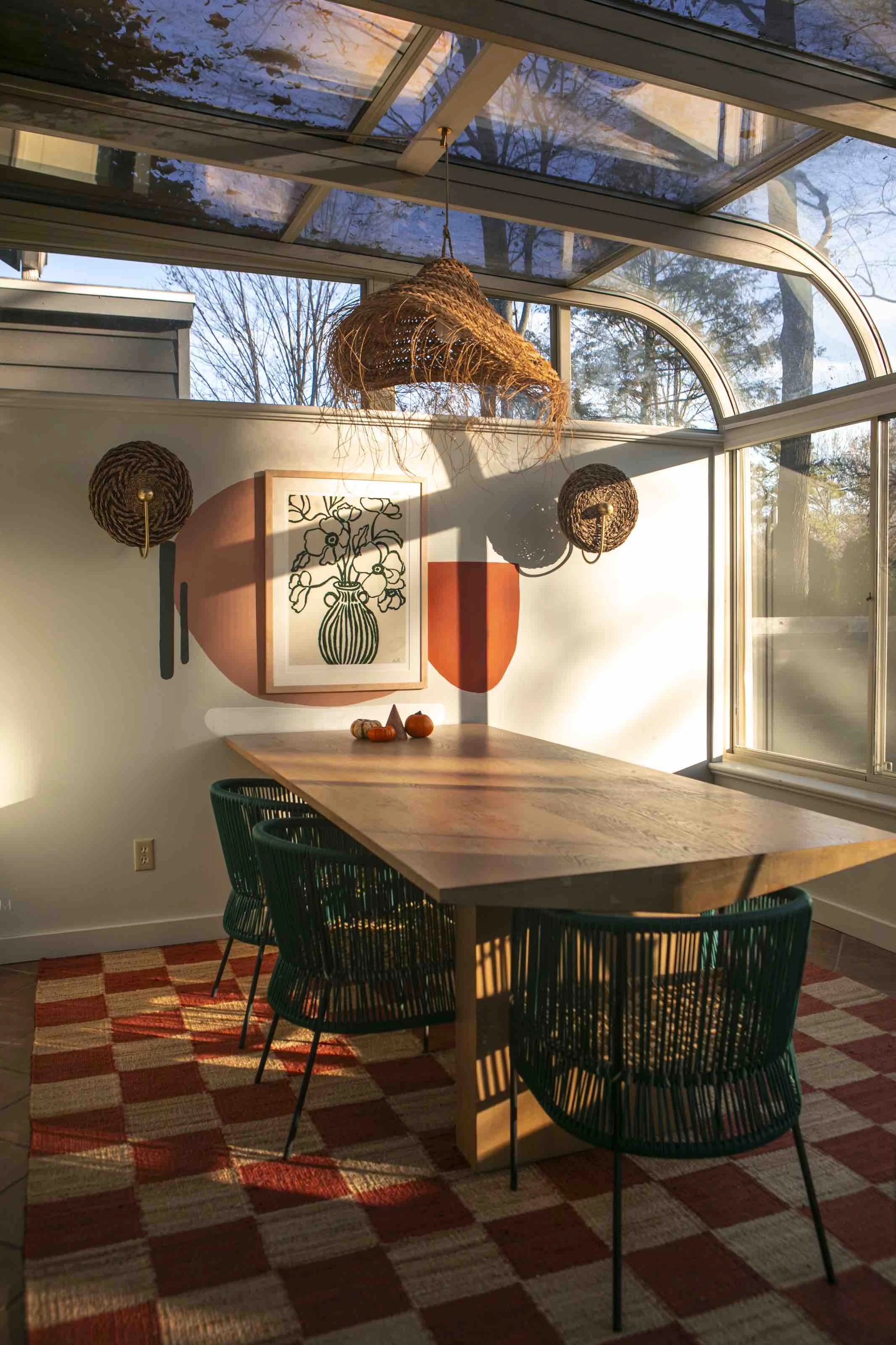 a table with chairs and a fan