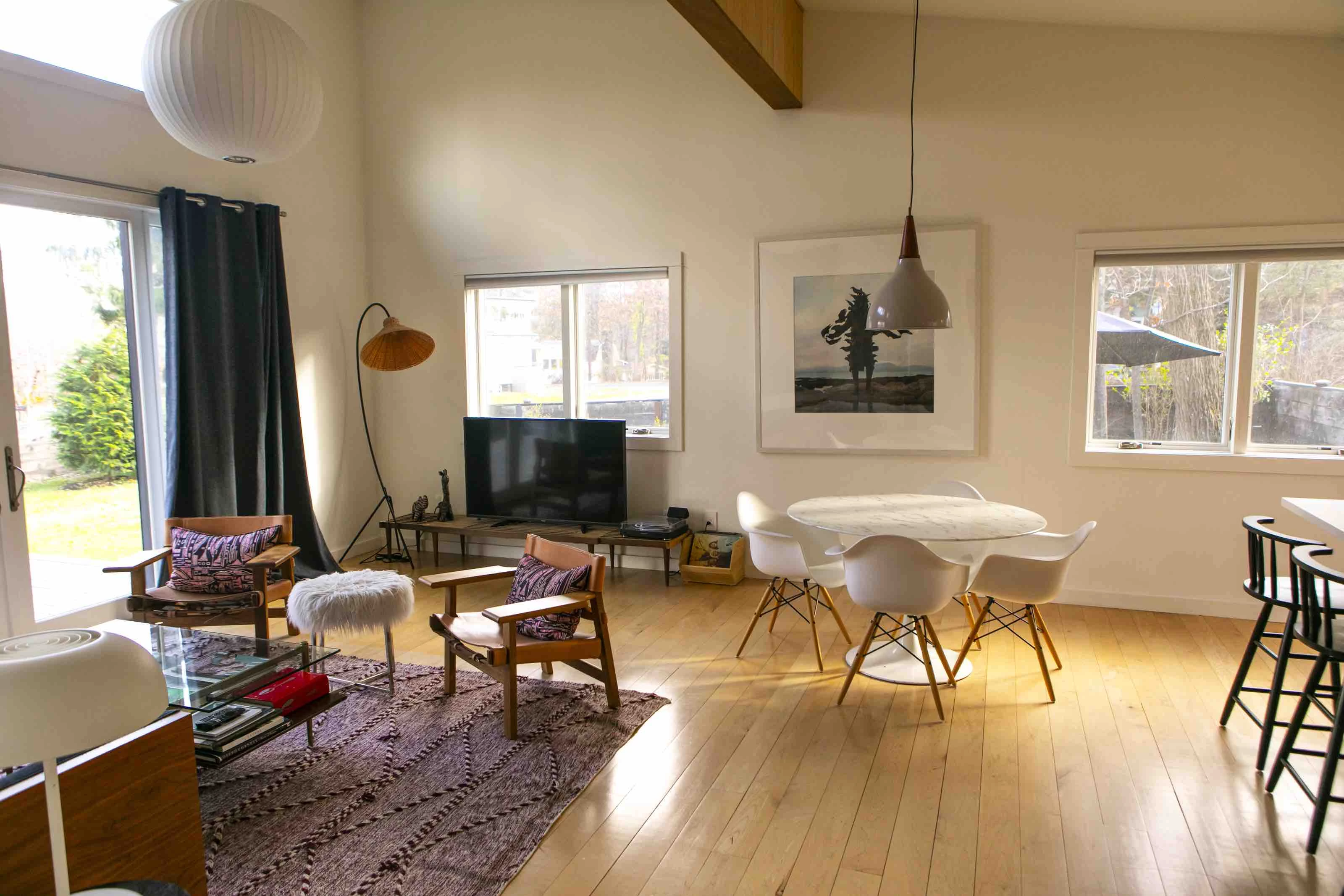 a living room with a wood floor