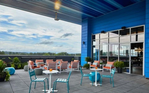 outdoor rooftop seating area